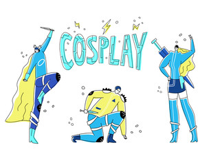 Vector flat illustration with costumed characters from computer games, movies, comics, anime, manga on the background of the label cosplay. The concept of a costume game, disguise, masquerade.