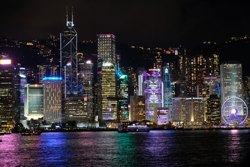 Hong Kong China - Hong Kong Island skyline at night from Kowloon side