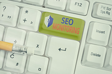 Text sign showing Seo Monitoring. Business photo text Tracking the progress of strategy made in the...