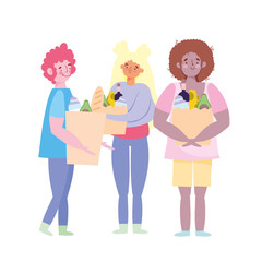 people queue with bags with supermarket food, avoid crowded places, coronavirus prevention