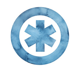 Star of Life, medical emergency symbol. Blue 6-pointed sign with round border around. Hand painted watercolour graphic drawing with artistic stain and brush strokes. Cutout clipart element for design.