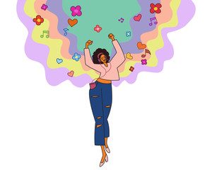 Trendy young black woman happy dancing outdoors and listening to music with her headphones, on background colorful music notes heart shape and flower.
Flat design vector illustration.