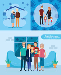 set scenes of stay at home campaign with families vector illustration design