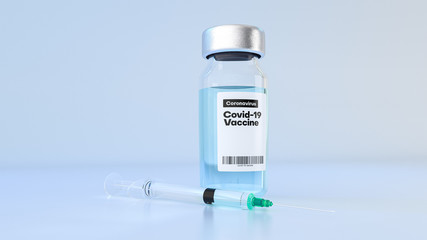Coronavirus covid-19 vaccine bottle and injection syringe. 3d illustration.