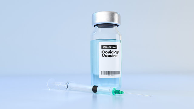 Coronavirus covid-19 vaccine bottle and injection syringe. 3d illustration.