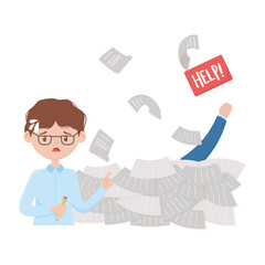 stress at work, worried businessman and employee hand pile of paper with help board
