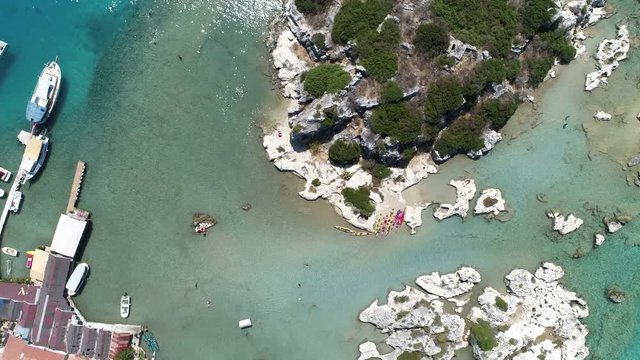 Drone flying over sunken city of Kekova in Turkey. Clear water beach in Turkish Riviera, 4K.