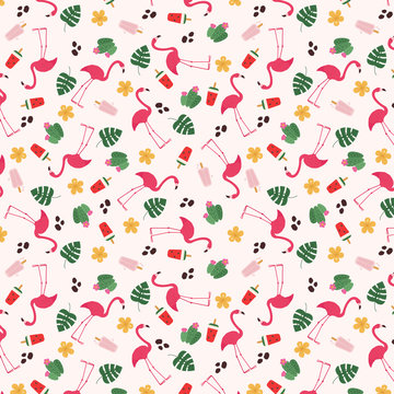 Tropical/exotic seamless pattern. Flamingo, tropical leaves and flowers, ice cream. 