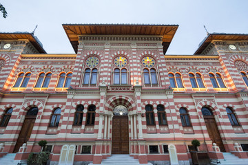Facade and entrance of the main hall of the Vijecnica, the former library and city hall of Brcko,...