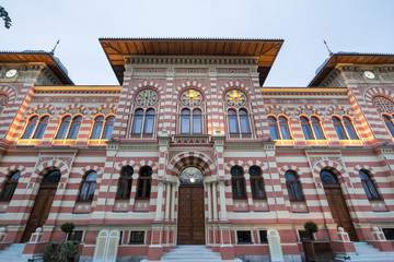 Facade and entrance of the main hall of the Vijecnica, the former library and city hall of Brcko,...