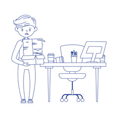 stress at work, businessman working on desk and employee with sheets stack