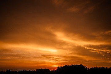 Sunset with beautiful cloudy sky and treeline