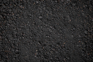 Top view, close-up of Organic black soil texture pattern background. Can be used planting tree. Surface has grunge and rough. Feature of compost fertile suitable for gardening and agriculture farm.