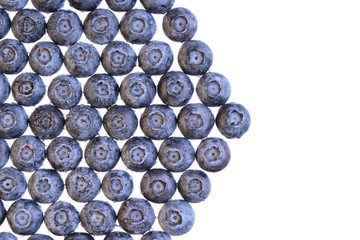 Geometric set of blueberries with water drops isolated on white. Texture of fresh blueberry berries closeup.