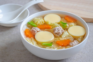 Clear soup with egg tofu and minced pork, Thai food