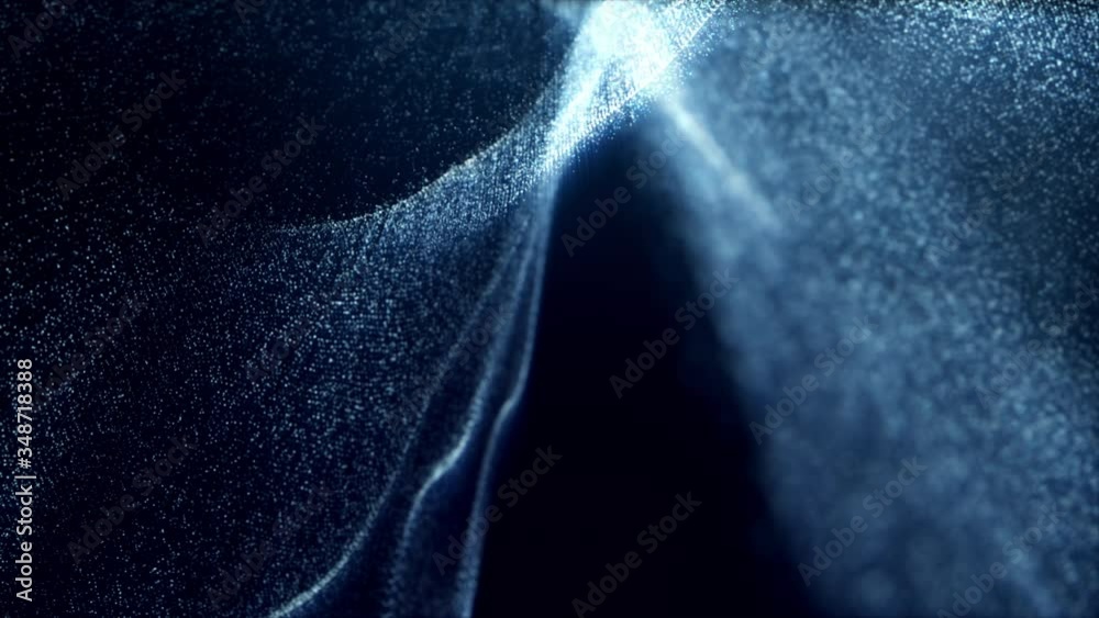 Poster Futuristic mysterious digitally generated motion graphic particles wave flowing abstract in cyber space technology de-focus background