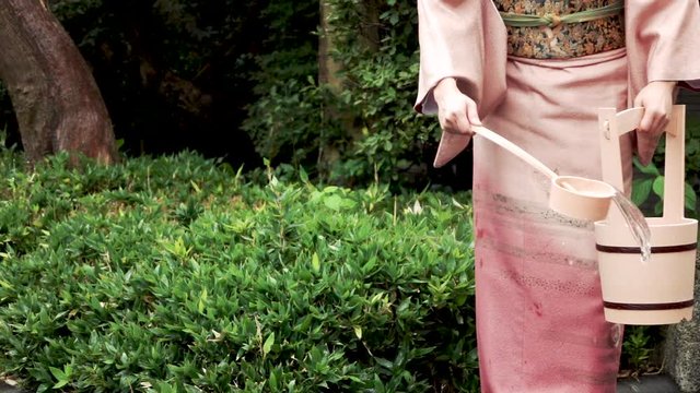 着物で打ち水をする女性