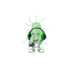 A cartoon design of salmonella clever gamer play wearing headphone