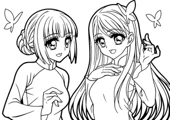 Coloring book illustration of girls wearing ao dai	
