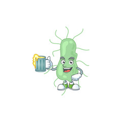 A cheerful salmonella cartoon mascot style toast with a glass of beer