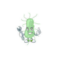 A smart mechanic salmonella cartoon mascot design fix a broken machine