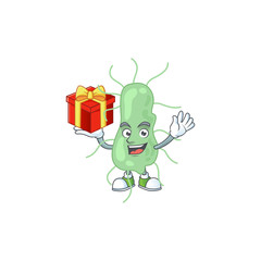 Salmonella cartoon mascot concept design with a red box of gift