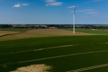 Wind farm in Crenwick, Belgium. Aerial view of a wind park.
