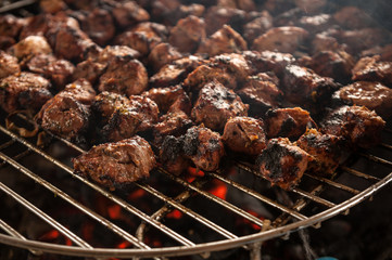 Shashlik grilling on grill with live flame
