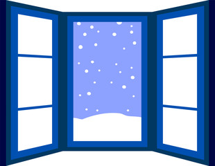 Blue Open window frame with falling snow