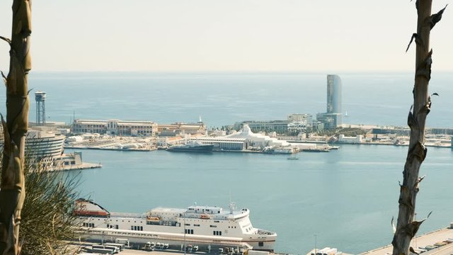 Seaport in Barcelona. Coast with moored yachts. Shooting from a height