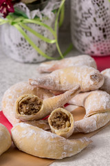 Crescent sweet rolls with tasty filling on a white table