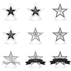 Silver star with diamonds set isolated on white background. Poker concept.  Different silver stars. Vector Illustration
