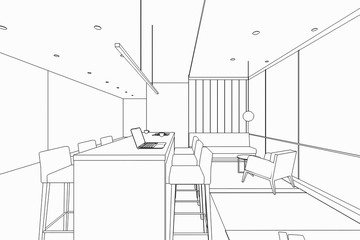 interior outline sketch drawing perspective of a space office