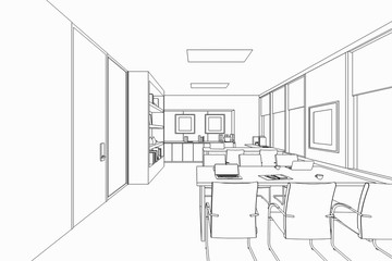 interior outline sketch drawing perspective of a space office