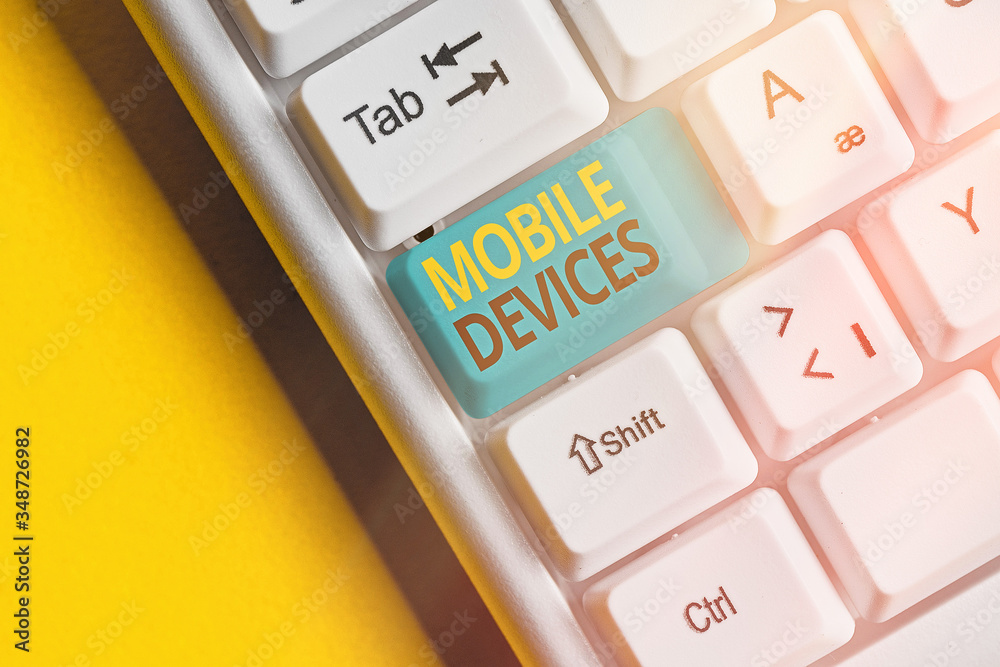 Poster conceptual hand writing showing mobile devices. concept meaning a portable computing device like sma