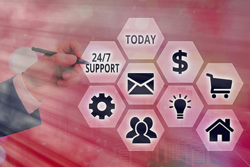 Conceptual hand writing showing 24 Or 7 Support. Concept meaning Giving assistance to service whole day and night No downtime