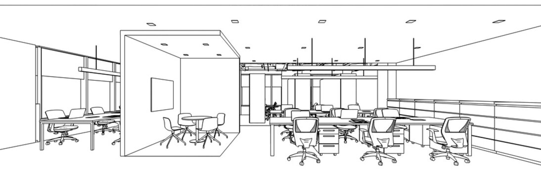 interior outline sketch drawing perspective of a space office