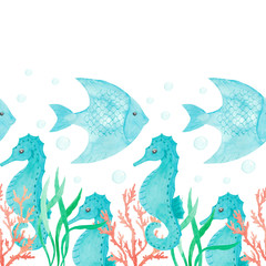 Watercolor seamless horizontal pattern. Sea illustration. Seahorse, seaweed, coral, fish on white background. Hand drawn. Perfect for wallpapers, web page backgrounds, surface textures, fabric, paper.