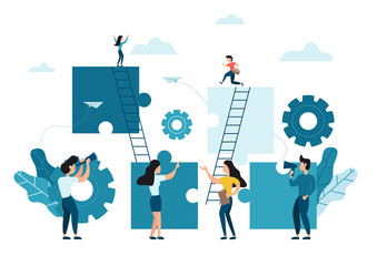 Business concept. Team metaphor. people connecting puzzle elements. Vector illustration flat design style. Symbol of teamwork, cooperation, partnership.