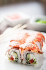 Hot sushi tamasey maki on a dish
