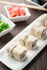 Uramaki sushi yakitori maki on a dish