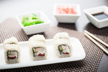 Uramaki sushi yakitori maki on a dish