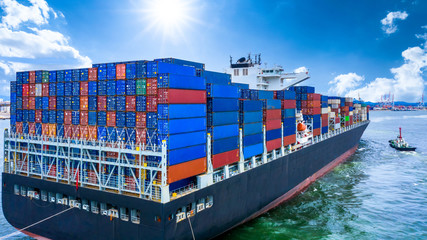 Container cargo ship, Freight shipping maritime vessel, Global business import export commerce...