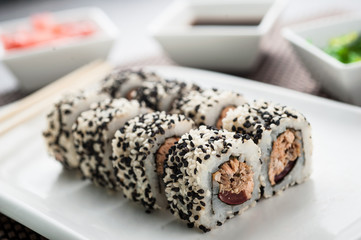 Uramaki sushi fudjisan maki on a dish