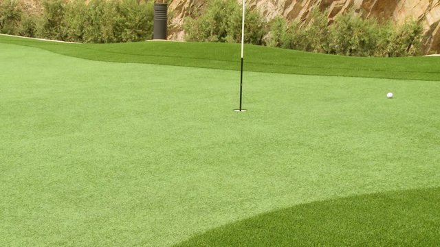 A golf ball hits the green than rolls back toward the pin.