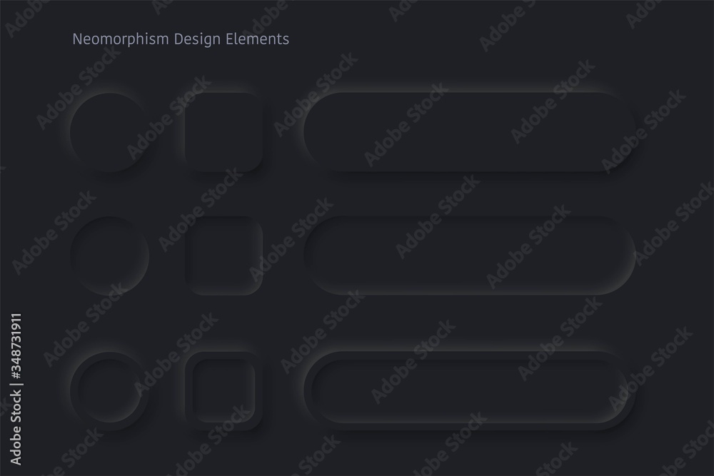 Poster Vector editable neomorphic buttons set. Sliders for websites, mobile menu, navigation and apps. Simple elegant Neomorphism trendy 2020 designs element UI components isolated on black background.