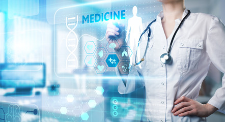 Modern technology in healthcare, medical diagnosis. MEDICINE inscription on virtual screen.