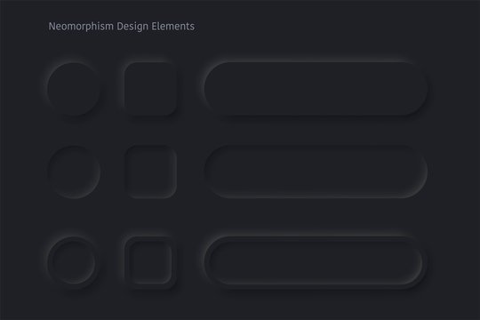 Vector editable neomorphic buttons set. Sliders for websites, mobile menu, navigation and apps. Simple elegant Neomorphism trendy 2020 designs element UI components isolated on black background.