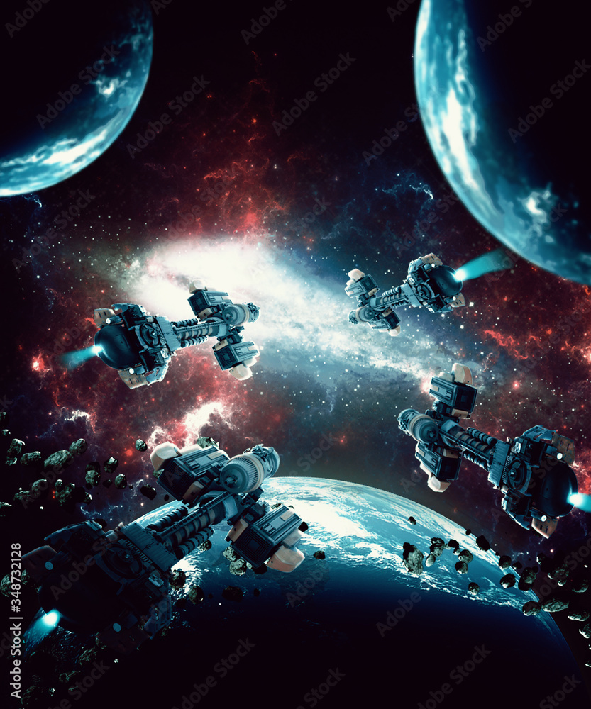 Wall mural digital 3d illustration of a battle between spaceships in space universe