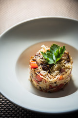 Vegetable and meat risotto on a white plate